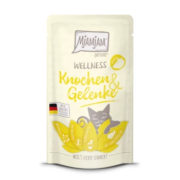 Mjamjam Wellness Katzenfutterbeutel mit einer verspielten grauen Katzenillustration, mit dem Text "Knochen & Gelenke" und "Beste Qualität" auf Deutsch.