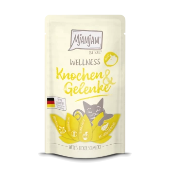 Mjamjam Wellness Katzenfutterbeutel mit einer verspielten grauen Katzenillustration, mit dem Text "Knochen & Gelenke" und "Beste Qualität" auf Deutsch.