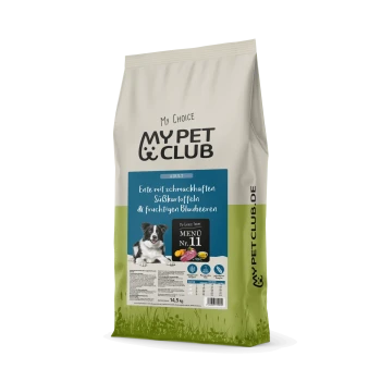 Hundefutterbeutel mit der Aufschrift "My Pet Club", der Ente mit Süßkartoffeln und Heidelbeeren, 14,5 kg, mit einem Bild eines Hundes und Menünummer 11.