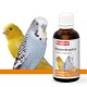 Ein blauer Wellensittich und ein gelber Kanarienvogel sind neben einer Flasche Beaphar Mauser Tropfen abgebildet, einem Vitamin-Komplex für Vögel.