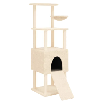 Ein beiger Katzenbaum mit mehreren Ebenen, der einen gemütlichen Rückzugsort mit einer Rampe, zwei Plattformen und einer schalenförmigen Sitzgelegenheit oben bietet.