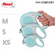 Une main tenant trois tailles de laisses rétractables Flexi en teal et blanc, étiquetées M, S et XS, avec le texte "NEW COMFORT" au-dessus.