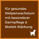 Text auf braunem Hintergrund: "Für gesundes Welpenwachstum mit besonderer Darmpflege & Skelett-Stärkung" mit einer weißen Silhouette eines Hundes.