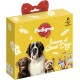 Geschenkbox von Pedigree mit drei Hundeleckereien, beschriftet mit "Saison des guten Hundes", mit Bildern eines Bernhardiners und zwei anderen Hunden.