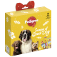 Geschenkbox von Pedigree mit drei Hundeleckereien, beschriftet mit "Saison des guten Hundes", mit Bildern eines Bernhardiners und zwei anderen Hunden.