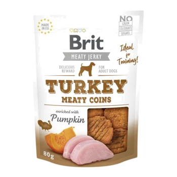 Opakowanie Brit Meaty Jerky dla psów, z 'Turkey Meaty Coins' wzbogaconymi dynią, 80g, oznaczone jako idealne do treningu.