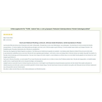 Kirstin Höfer bewertet TJURE Gelenk Tabs mit 5 Sternen für die positive Wirkung auf ihren 12-jährigen Hund Lemi mit Gelenkproblemen.