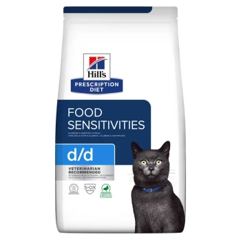 Prescription Diet d/d 3 kg Die Hill's Prescription Diet d/d Futterempfindlichkeiten Katzenfutter-Tüte mit einer schwarzen Katze mit einem blauen Halsband, beschriftet mit 'Vom Tierarzt empfohlen.'