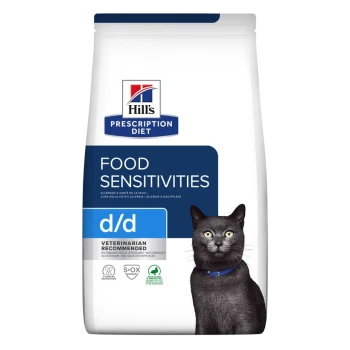 Sac de nourriture pour chats Hill's Prescription Diet d/d Sensibilités Alimentaires avec un chat noir portant un collier bleu, étiqueté "Recommandé par les vétérinaires."