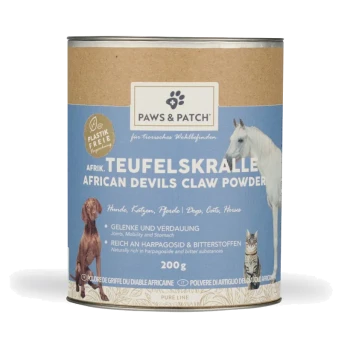 Paws & Patch Teufelskralle (African Devil's Claw) Pulver 200 g Dose mit Illustrationen von Hund, Katze und Pferd.