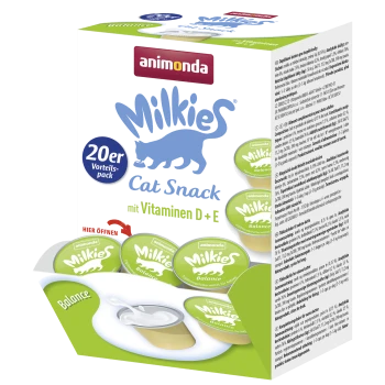 Schachtel Animonda Milkies Snack-Becher für Katzen, 20er Vorteils-Pack, grüne Balance-Deckel, Aufschrift 'mit Vitaminen D+E' und Milchmotiv.