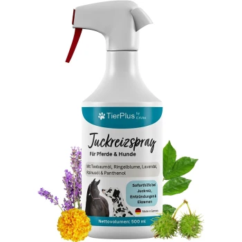Sprühflasche mit der Aufschrift 'Juckreizspray für Pferde & Hunde' mit Inhaltsstoffen wie Teebaumöl, Ringelblume, Lavendel und Panthenol; 500 ml.
