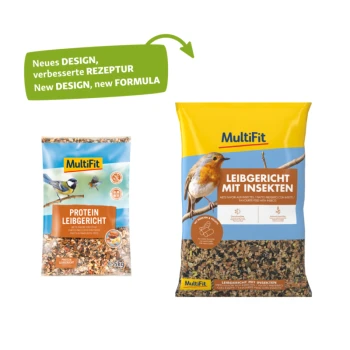 Ein 5 kg Beutel MultiFit Protein Leibgericht Vogelfutter mit blauem Hintergrund, Bildern einer Kohlmeise und eines Finken sowie Text in mehreren Sprachen.