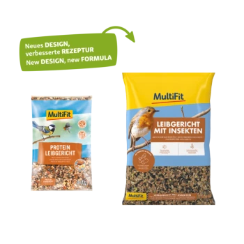 Ein 5 kg Beutel MultiFit Protein Leibgericht Vogelfutter mit blauem Hintergrund, Bildern einer Kohlmeise und eines Finken sowie Text in mehreren Sprachen.