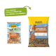 Een zak van 5 kg MultiFit Protein Leibgericht vogelvoer met een blauwe achtergrond, afbeeldingen van een grote tit en een vink, en tekst in meerdere talen.