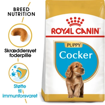 Royal Canin Welpen Cocker Hundefutterbeutel mit der Silhouette eines braunen Cocker Spaniels, mit Text, der die Ernährungsbedürfnisse der Rasse und die Unterstützung des Immunsystems hervorhebt.