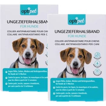 Zwei Schachteln Opti Pet Floh- und Zeckenhalsbänder für Hunde, beschriftet in Deutsch, Französisch und Italienisch, die eine Wirksamkeit von 12 Wochen und Wasserbeständigkeit zeigen.