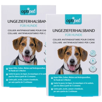 Zwei Schachteln Opti Pet Floh- und Zeckenhalsbänder für Hunde, beschriftet in Deutsch, Französisch und Italienisch, die eine Wirksamkeit von 12 Wochen und Wasserbeständigkeit zeigen.