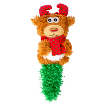 Plush reindeer dog toy with red and green polka dot antlers and scarf, and a green textured tail.