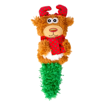 Plush reindeer dog toy with red and green polka dot antlers and scarf, and a green textured tail.