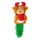 Plush reindeer dog toy with red and green polka dot antlers and scarf, and a green textured tail.