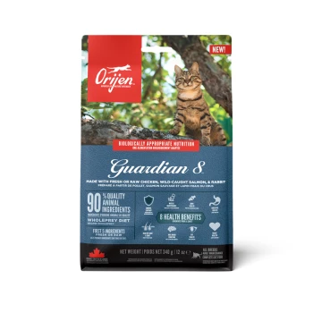 Cat Guardian 340 g Sac de nourriture pour chat Orijen Guardian 8 mettant en avant un chat sur une branche d'arbre, soulignant "90% d'ingrédients animaux de qualité" et "8 bienfaits pour la santé."