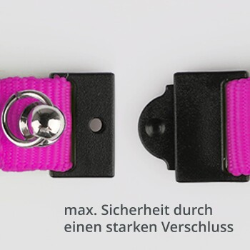 Nahaufnahme eines rosa Haustierhalsbandes mit einem starken schwarzen Verschluss, das den Text "max. Sicherheit durch einen starken Verschluss" zeigt.