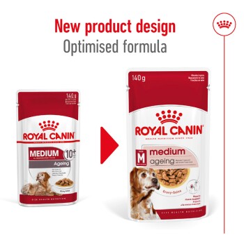 Royal Canin Medium Ageing dog food packaging, featuring a new design and optimized formula, with text highlighting "Muscle mass support."