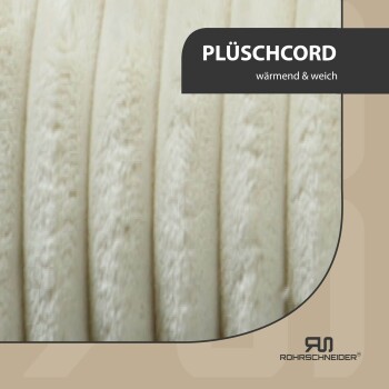 Plüschcord-Stoff in sanftem Weiß, beschriftet mit "wärmend & weich", mit einer Nahaufnahme der Textur.