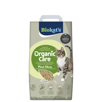 Sack Biokat's Organic Care Katzenstreu aus Pflanzenfasern, mit "extra" Aktivkohle-Abzeichen, abgebildete getigerte Katze, 3,2 kg