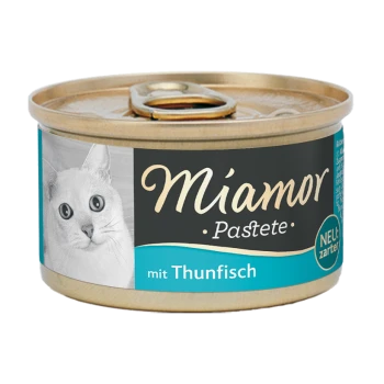 Eine Dose Miamor Katzenfutter-Pâté mit einer weißen Katze auf dem Etikett, beschriftet mit "mit Thunfisch" und "NEU: zarter."
