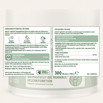Gelenkunterstützungstabletten für Hunde, mit Nährwertinformationen, Zutaten und Fütterungsempfehlungen in Deutsch und Englisch.