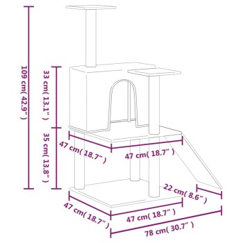 Diagramm eines Katzenbaums mit Abmessungen: Höhe 109 cm, Breite 78 cm, mit Plattformen, einer Rampe und einem Spielbereich.