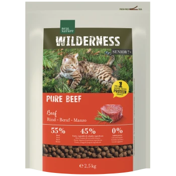 Tüte Real Nature WILDERNESS Pure Beef Senior Katzennahrung, Katzenabbildung, '55% Rind 45% Obst & Gemüse 0% zugesetzte Getreide', 2,5 kg.