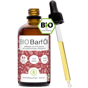 Drei Flaschen BIO Barf Öl für Haustiere, mit Omega 3-6-9 und natürlichem Vitamin E, neben einer Pappschachtel mit Grafiken zur Tierpflege.