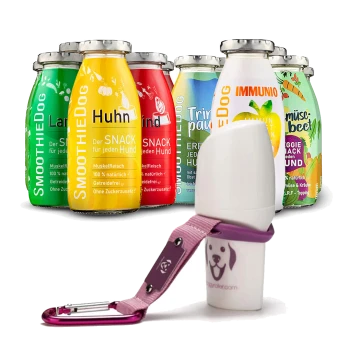 Bunte "SmoothieDog" Snackflaschen in verschiedenen Geschmacksrichtungen, plus ein pinker Hundewalze mit Karabiner.