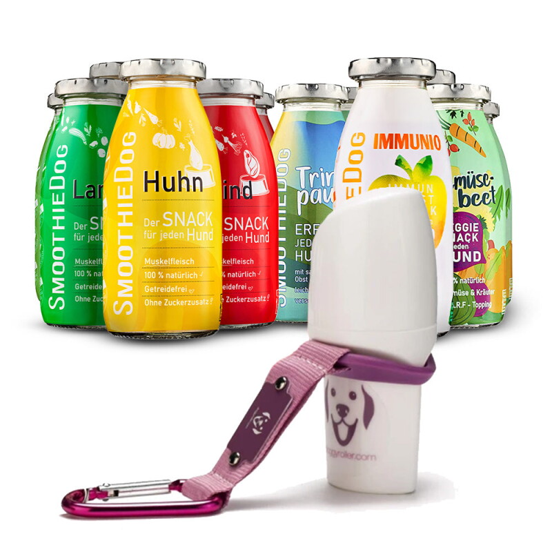 SmoothieDog Mix 12x 250 ml + Doggyroller Rosa mit Karabiner