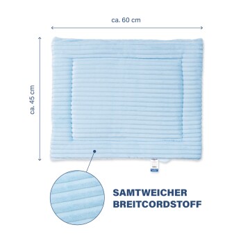 Helle blaue Haustierliege mit gerippter Textur, misst etwa 60 cm mal 45 cm, beschriftet mit "SAMTWEICHER BREITCORDSTOFF."