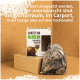 Box beschriftet mit "Schützt vor Mardern und anderen Wildtieren" mit einem Bild eines Marders, neben einem Netzbeutel mit Abwehrmaterial.