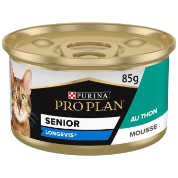 Boîte de nourriture pour chat Purina Pro Plan Senior, 85g, avec une image de chat tigré, étiquetée "Au Thon" et "Mousse" avec "Longevis®" pour la longévité.