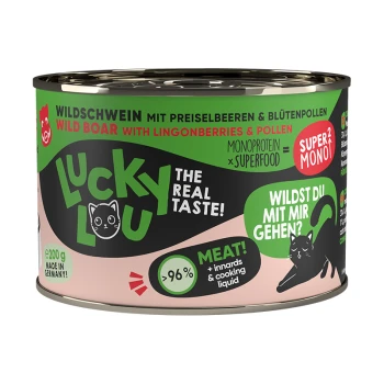Dose mit Lucky Lou Haustierfutter mit Wildschwein, Preiselbeeren und Pollen, 200g, mit Text, der '96% Fleisch!' und 'Der echte Geschmack!' hervorhebt.