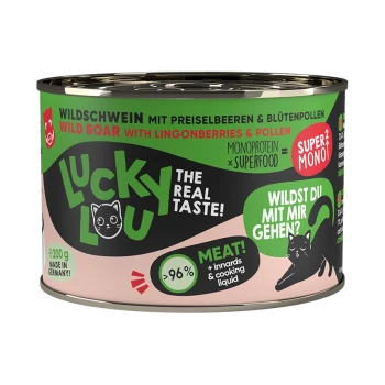 Dose mit Lucky Lou Haustierfutter mit Wildschwein, Preiselbeeren und Pollen, 200g, mit Text, der '96% Fleisch!' und 'Der echte Geschmack!' hervorhebt.