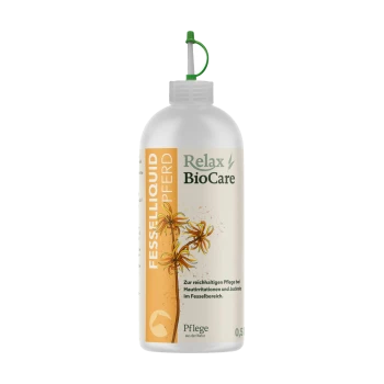 Eine Relax BioCare FesselLiquid-Flasche für Pferde, mit floralem Design und grünem Sprühkopf, zur Linderung von Hautreizungen und Juckreiz.
