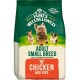Bag of James Wellbeloved dog food for small breeds, green and white design, featuring three small dogs and "Adult Small Breed Chicken and Rice."