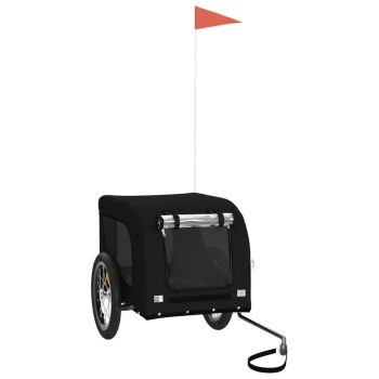 Schwarzer Haustieranhänger mit zwei Rädern, einem Netzfenster und einer Sicherheitsflagge, entworfen für den Transport von Haustieren.