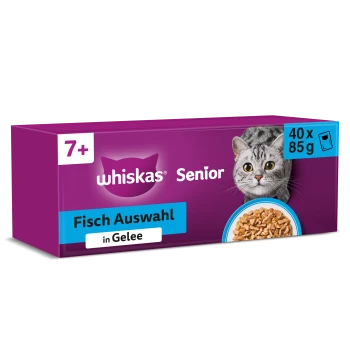 Lila Whiskas Senior Katzenfutterbox mit grauer getigerten Katze und einer Schale Fisch; zeigt '7+', 'Fischauswahl in Gelee', '40 x 85 g'.