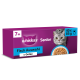 Lila Whiskas Senior Katzenfutterbox mit grauer getigerten Katze und einer Schale Fisch; zeigt '7+', 'Fischauswahl in Gelee', '40 x 85 g'.