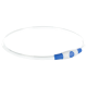 Un collier pour animaux de compagnie transparent avec un bouton d'alimentation bleu et blanc, conçu pour la visibilité et la sécurité.