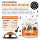 Fütterungsleitfaden mit dem Titel 'Unser empfohlener Fütterungsleitfaden', daneben ein Glas mit Probiotic-Pellet-Ergänzung für Hunde, ein Messlöffel, eine Schale mit Pellets und der Hinweis 'Messlöffel enthalten'
