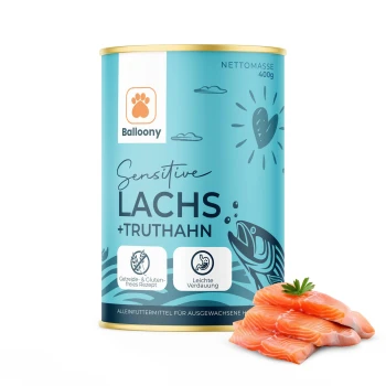 Dose mit Balloony Sensitive Lachs- und Truthahn-Tiernahrung, mit einem blauen Design und Fischillustrationen, und frischen Lachsscheiben davor.